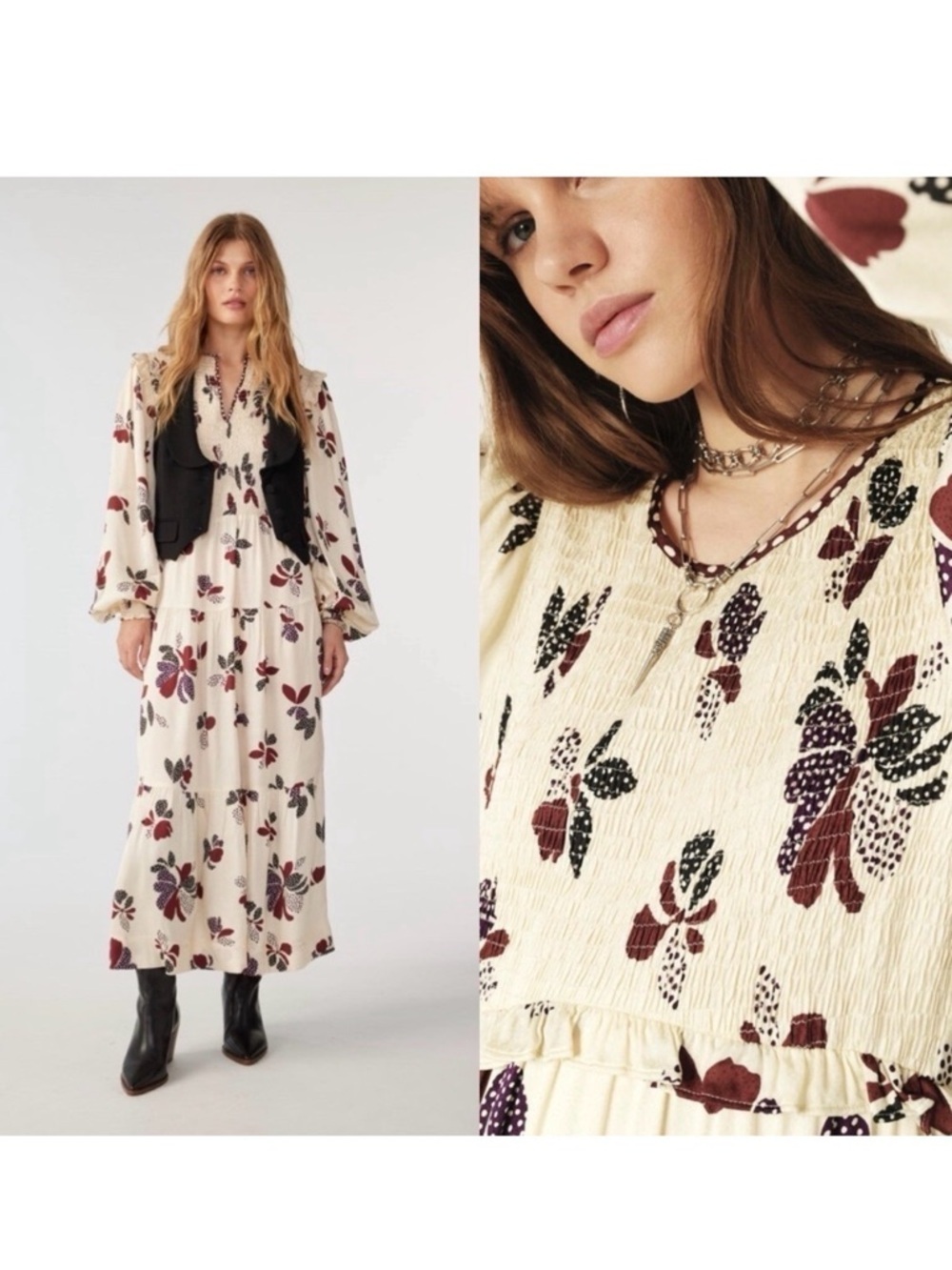 ba&sh Daya Ecru Floral Smocked Maxi Dress NWT Women’s Small